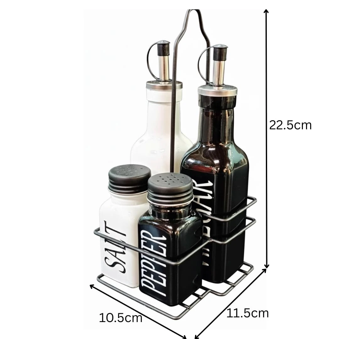 VAMA 4 in 1 Glass Oil & Spice Cannister Set with Metal Stand - White + Black — view 2