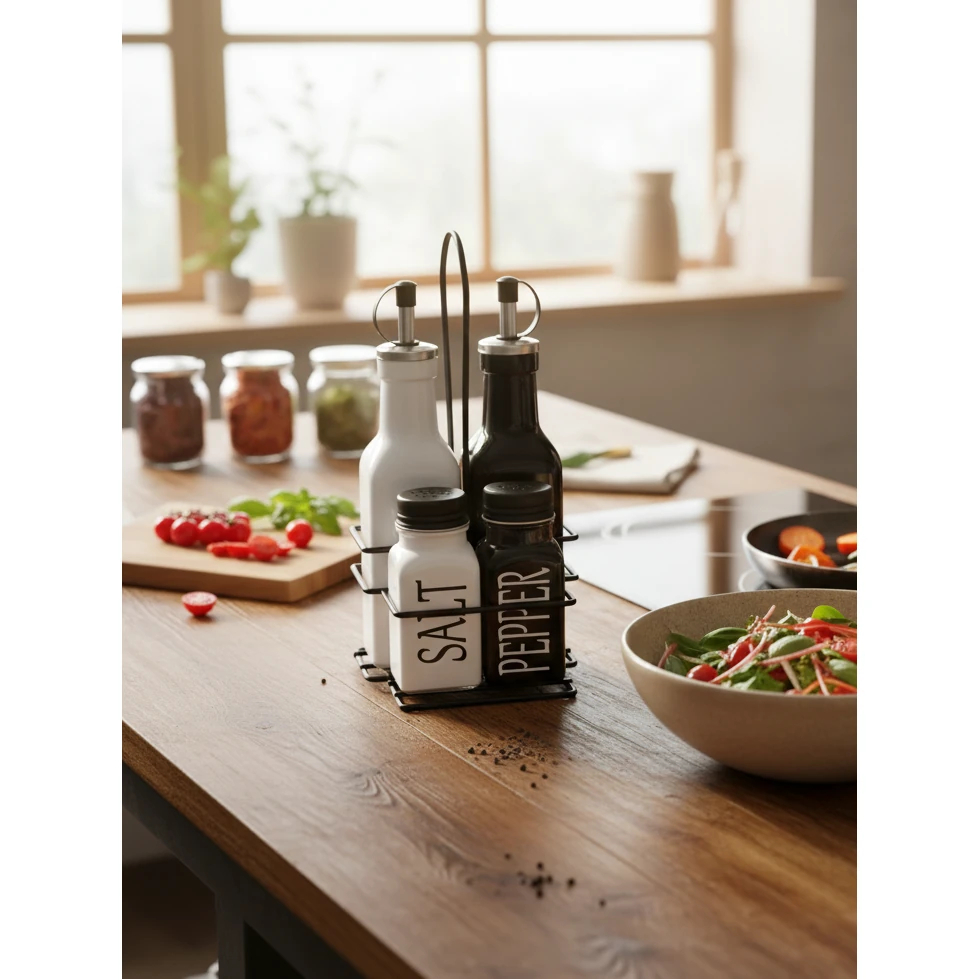 VAMA 4 in 1 Glass Oil & Spice Cannister Set with Metal Stand - White + Black — view 3