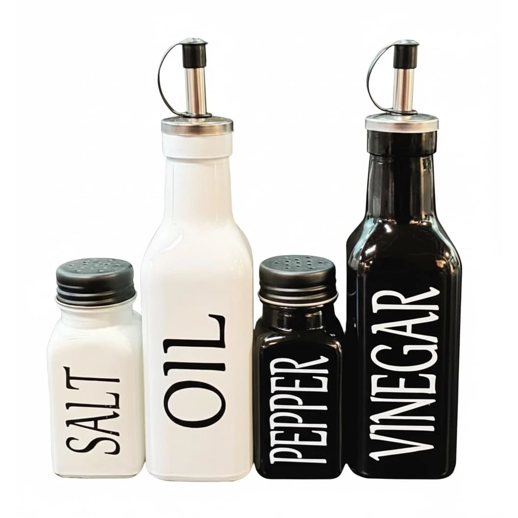 VAMA 4 in 1 Glass Oil & Spice Cannister Set with Metal Stand - White + Black — view 4