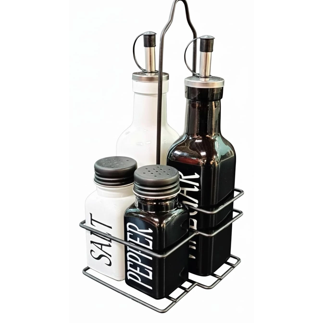 VAMA 4 in 1 Glass Oil & Spice Cannister Set with Metal Stand - White + Black — view 5