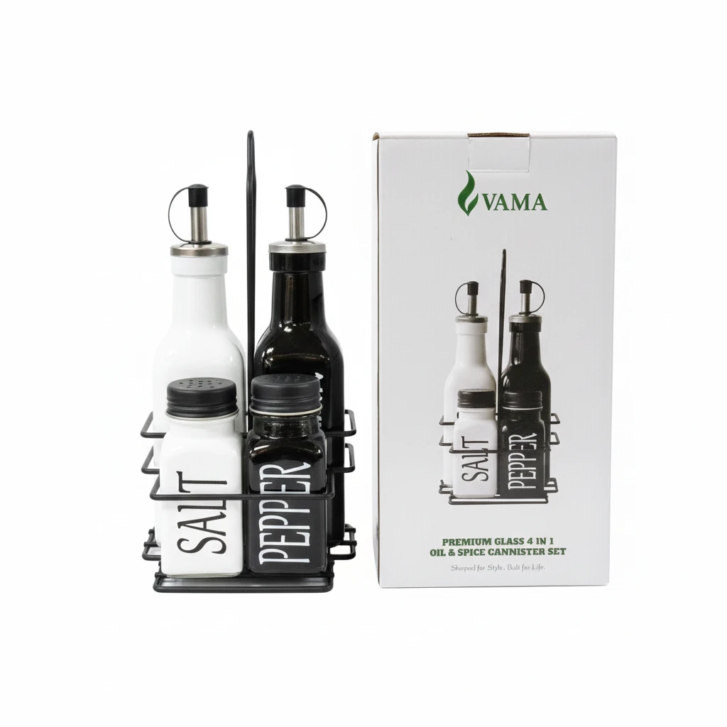 VAMA 4 in 1 Glass Oil & Spice Cannister Set with Metal Stand - White + Black — view 6