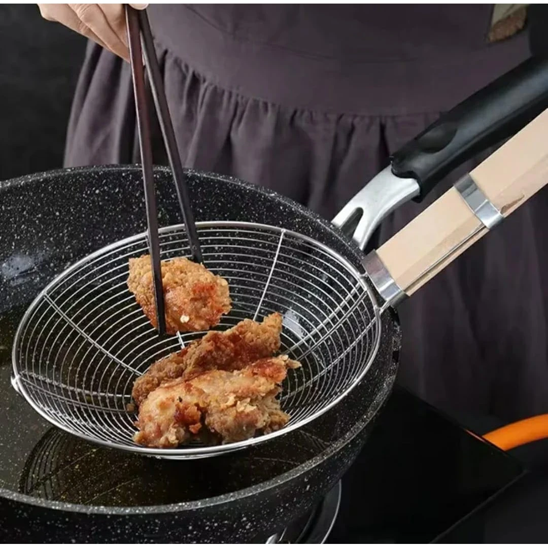 Wooden Flat Handle Heavy SS Noodle Strainer — view 3