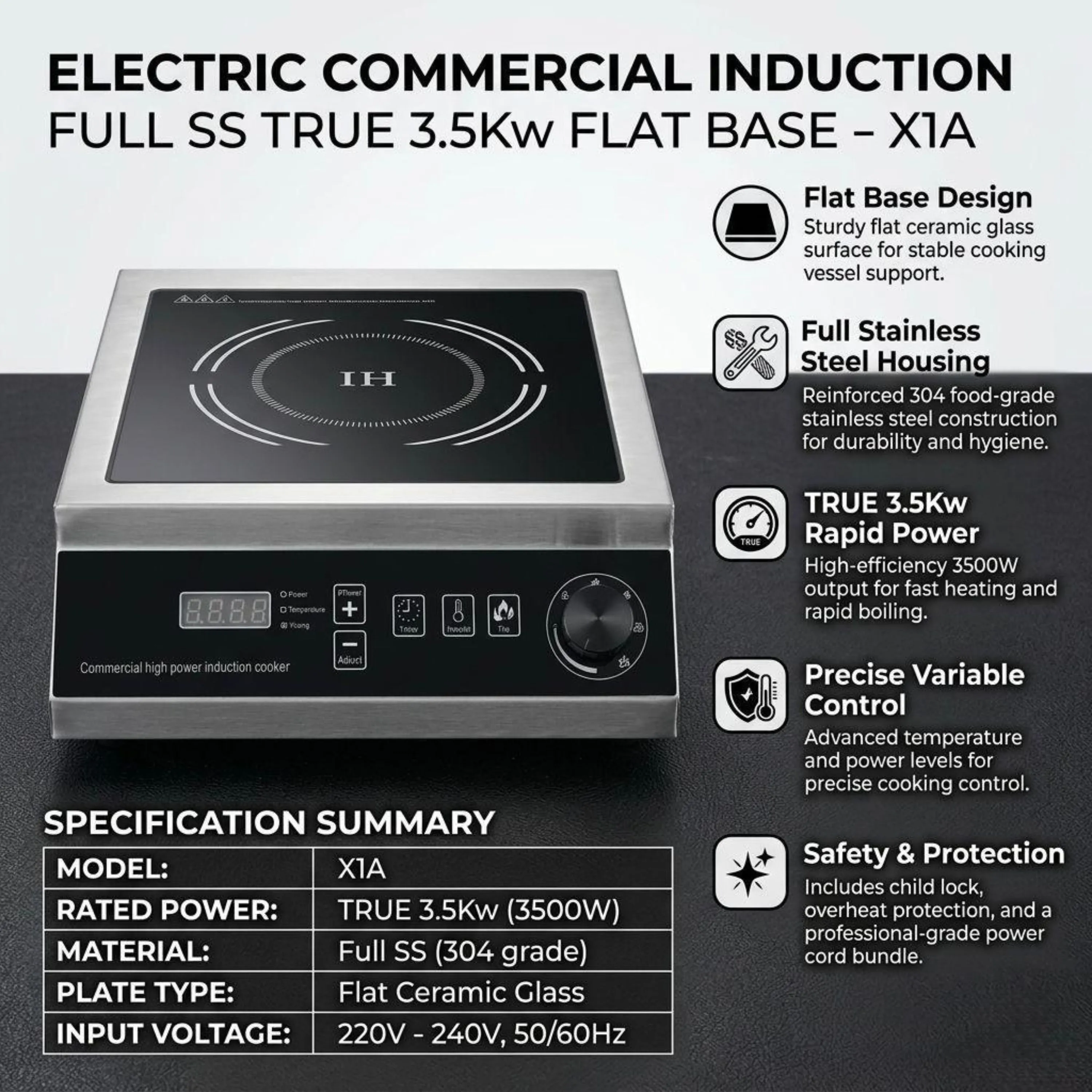 Full SS Commercial Induction - WLX1A | 3500W | Square | Flat Base | Switch + Knob Model — view 4