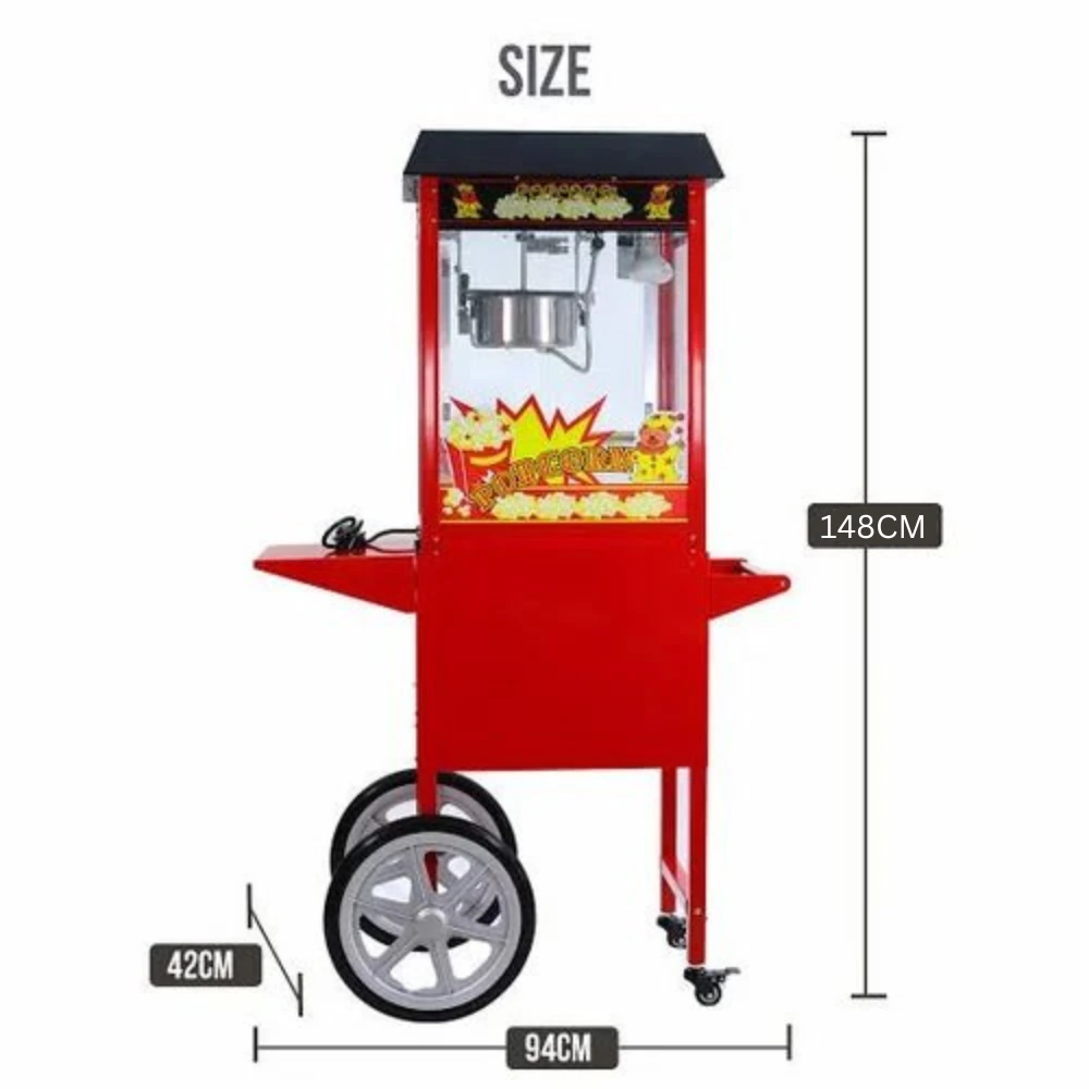 Electric Popcorn Machine with Cart Trolley & Toughened Glass - MS Red Body with Black Top — view 2