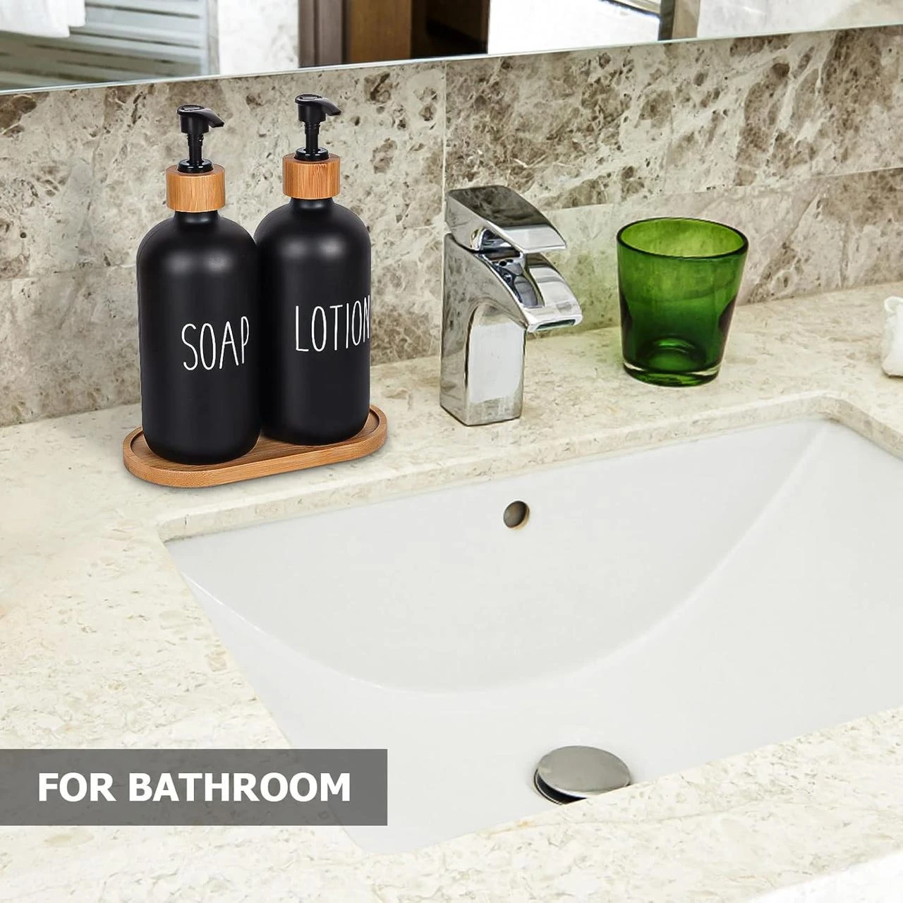 VAMA 2 in 1 Glass Soap & Lotion Dispenser with Bamboo Stand - 500ml/pc — view 4