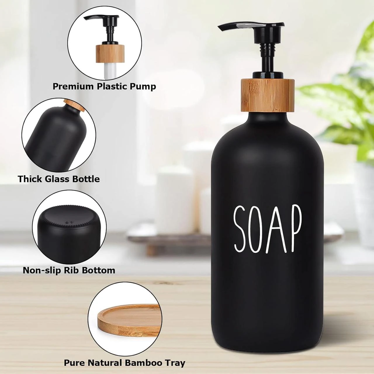 VAMA 2 in 1 Glass Soap & Lotion Dispenser with Bamboo Stand - 500ml/pc — view 8