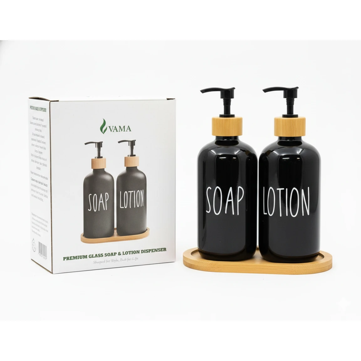 VAMA 2 in 1 Glass Soap & Lotion Dispenser with Bamboo Stand - 500ml/pc — view 10