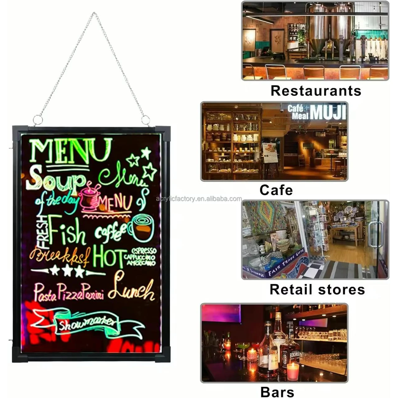 LED Writing Board - MS Black Frame | Hanging + Wall Mountable Model | Marker Set | Cleaning Cloth | Display Area: 50x70cm — view 3