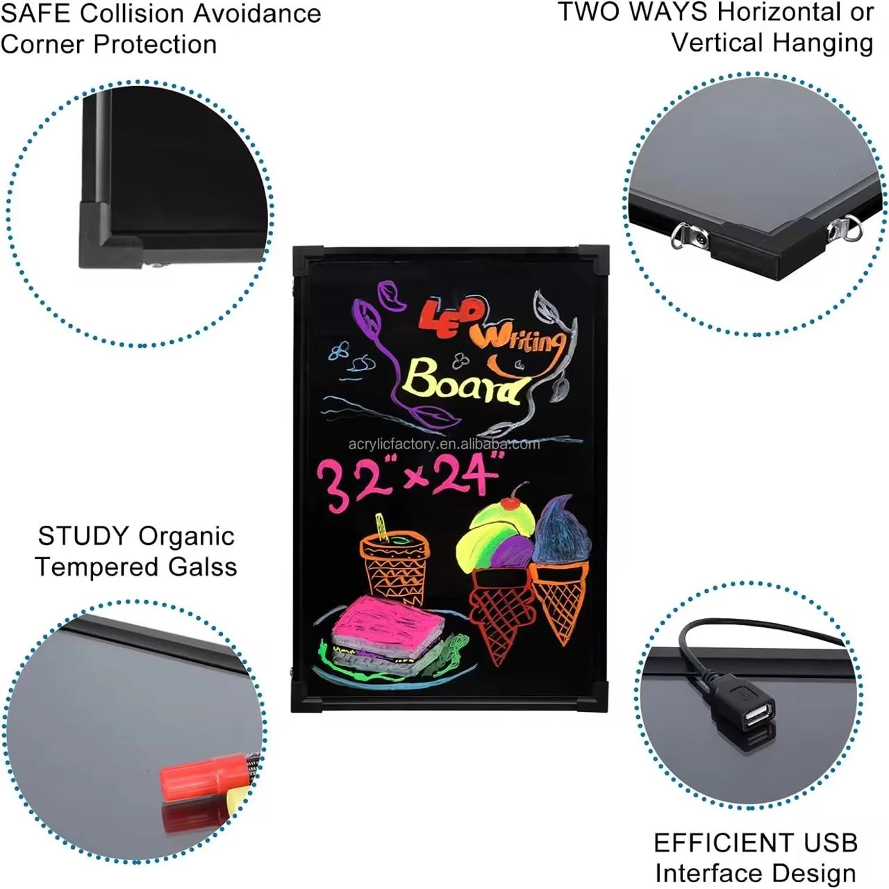 LED Writing Board - MS Black Frame | Hanging + Wall Mountable Model | Marker Set | Cleaning Cloth | Display Area: 50x70cm — view 6