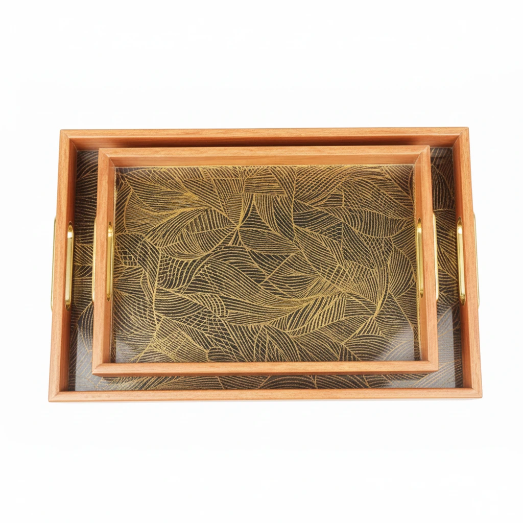 Hotel Room Wooden Tray with Glass Base - No.10 2pc/set | Box Packing