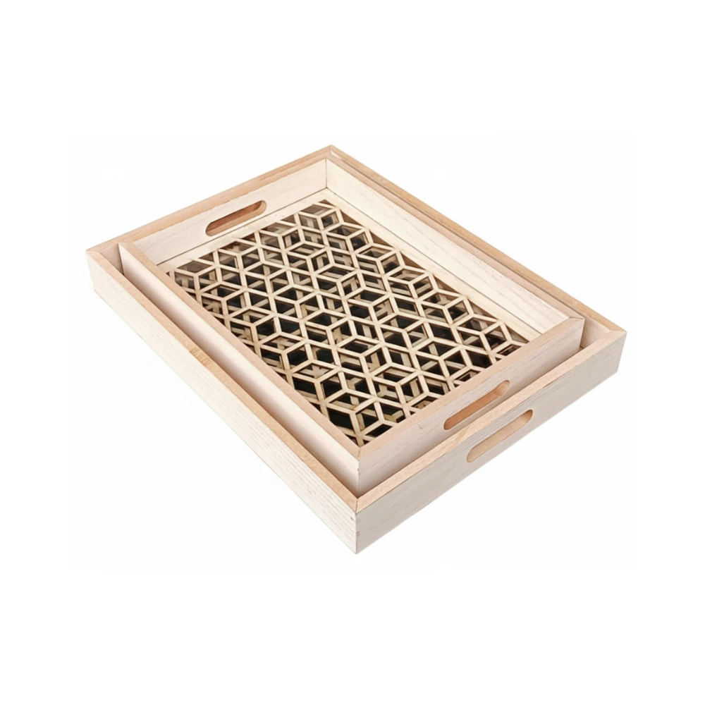 Hotel Room Wooden Tray with Glass Base - No.9 2pc/set | Box Packing