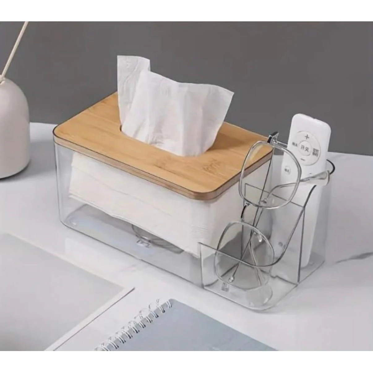 PC Tissue Holder with Inner Spring - Wooden Lid | Side Compartments — view 3