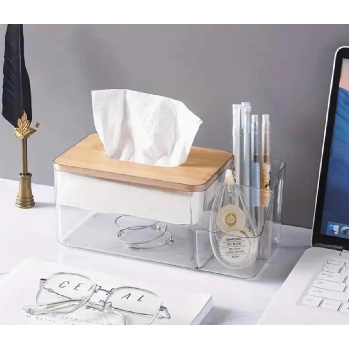 PC Tissue Holder with Inner Spring - Wooden Lid | Side Compartments — view 5