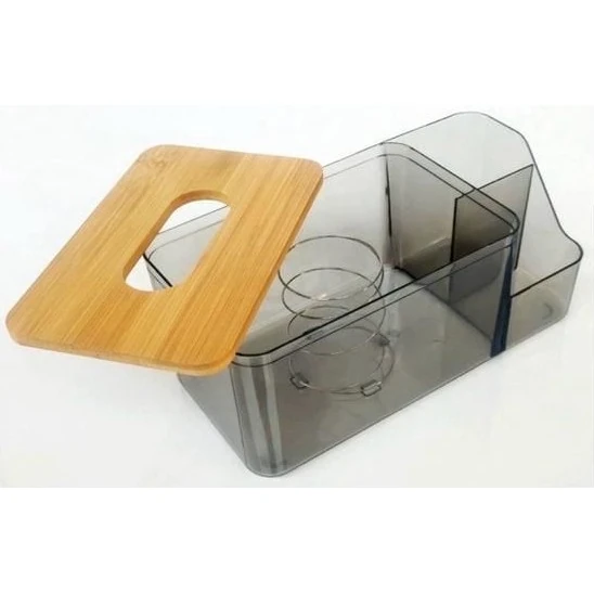 PC Tissue Holder with Inner Spring - Wooden Lid | Side Compartments — view 7