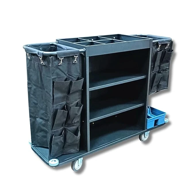 MS Black Housekeeping Trolley - Full Size with Two Sided Linen Bags with Pockets | Caddy Tool Basket | Attached SS Hangers