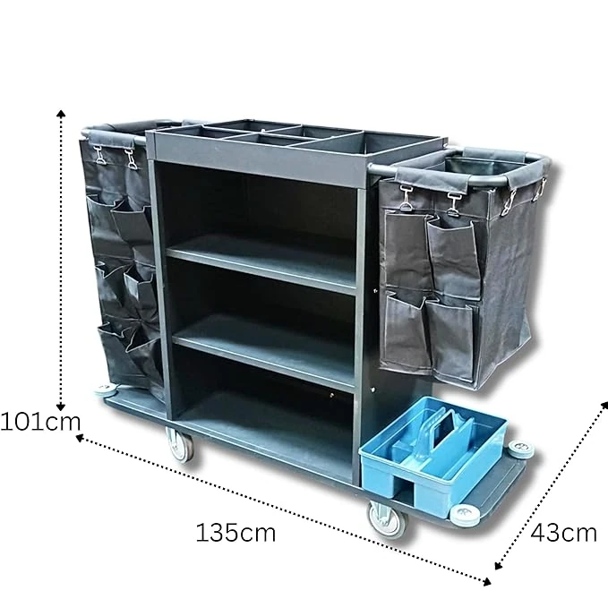MS Black Housekeeping Trolley - Full Size with Two Sided Linen Bags with Pockets | Caddy Tool Basket | Attached SS Hangers — view 2