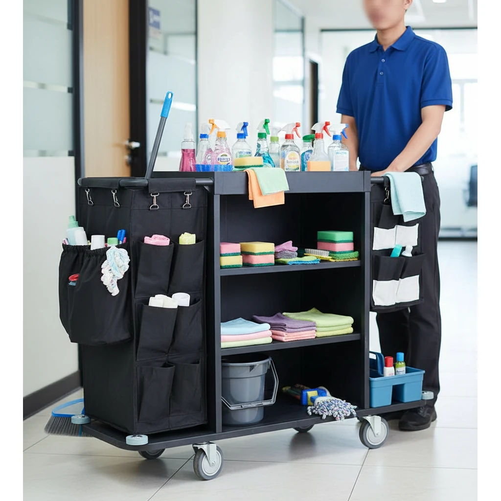 MS Black Housekeeping Trolley - Full Size with Two Sided Linen Bags with Pockets | Caddy Tool Basket | Attached SS Hangers — view 3