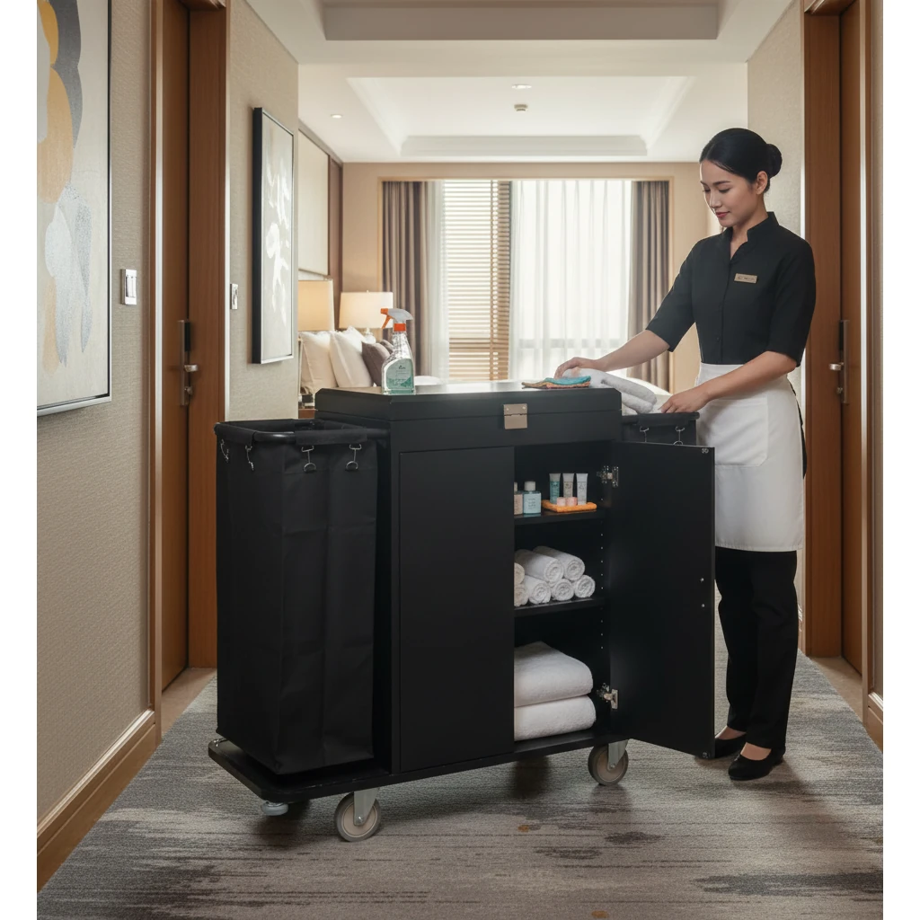 MS Black Housekeeping Trolley - Full Size with Two Sided Plain Bags | Door | Top Lid with Lock — view 3