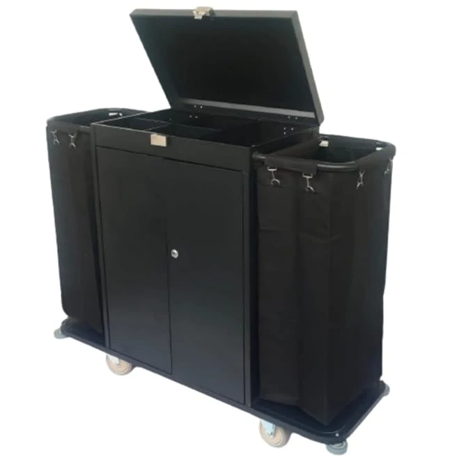 MS Black Housekeeping Trolley - Full Size with Two Sided Plain Bags | Door | Top Lid with Lock — view 5