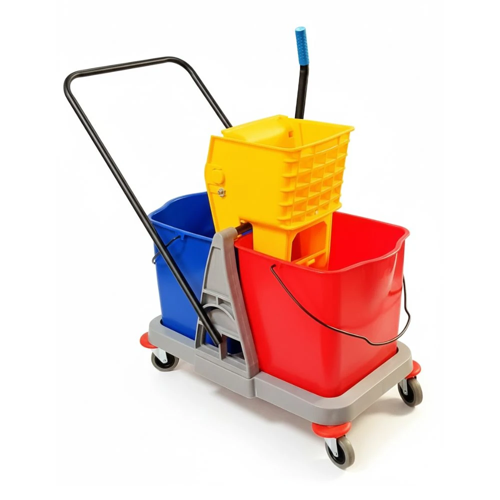 MS Handle Double Bucket Mop Wringer Trolley - 30L + 30L | Virgin Plastic Body