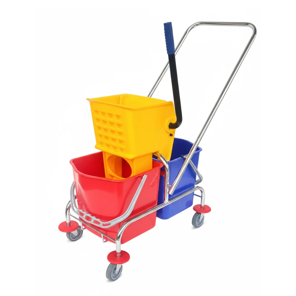 SS Handle Double Bucket Mop Wringer Trolley - 17L + 17L | Virgin Plastic Body