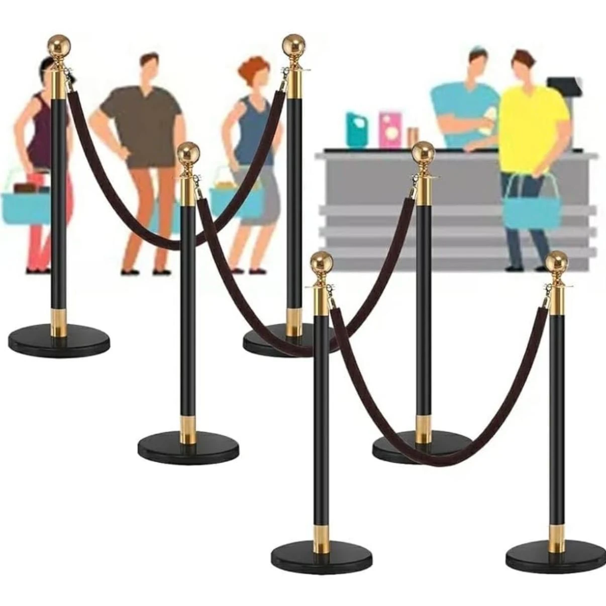 Black + Golden Queue Manager with Top Ball & Black Velvet Rope - (Loose: 2 Poles + 1 Rope ; 1 Carton: 20 Poles + 10 Ropes) | Single pc Box Packing for Poles — view 3