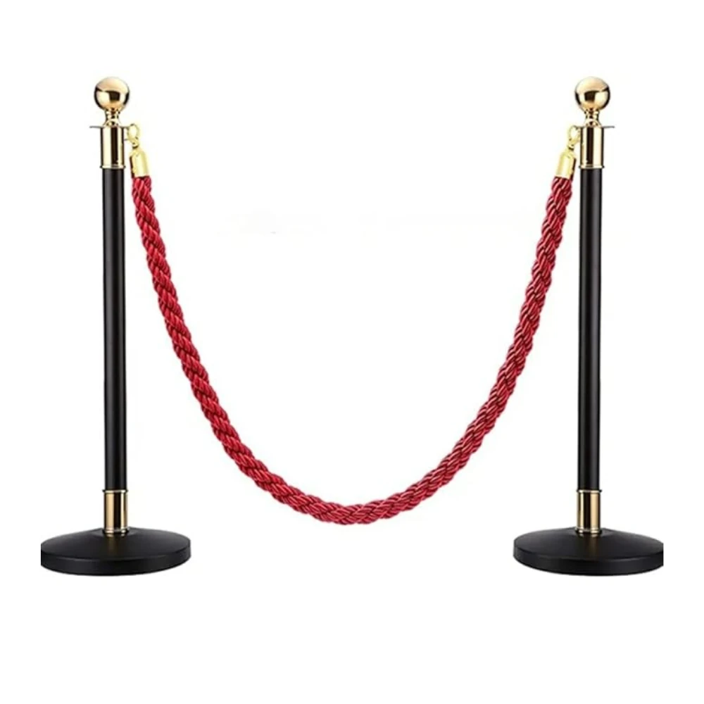 Black + Golden Queue Manager with Top Ball & Red Premium Twisted Rope - (Loose: 2 Poles + 1 Rope ; 1 Carton: 20 Poles + 10 Ropes) | Single pc Box Packing for Poles