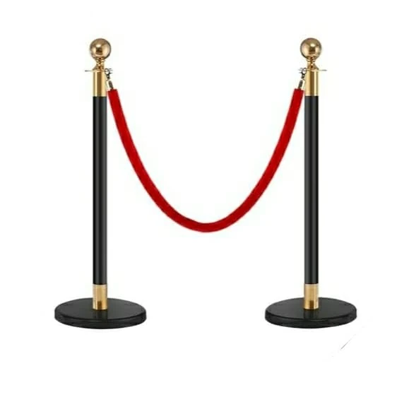 Black + Golden Queue Manager with Top Ball & Red Velvet Rope - (Loose: 2 Poles + 1 Rope ; 1 Carton: 20 Poles + 10 Ropes) | Single pc Box Packing for Poles
