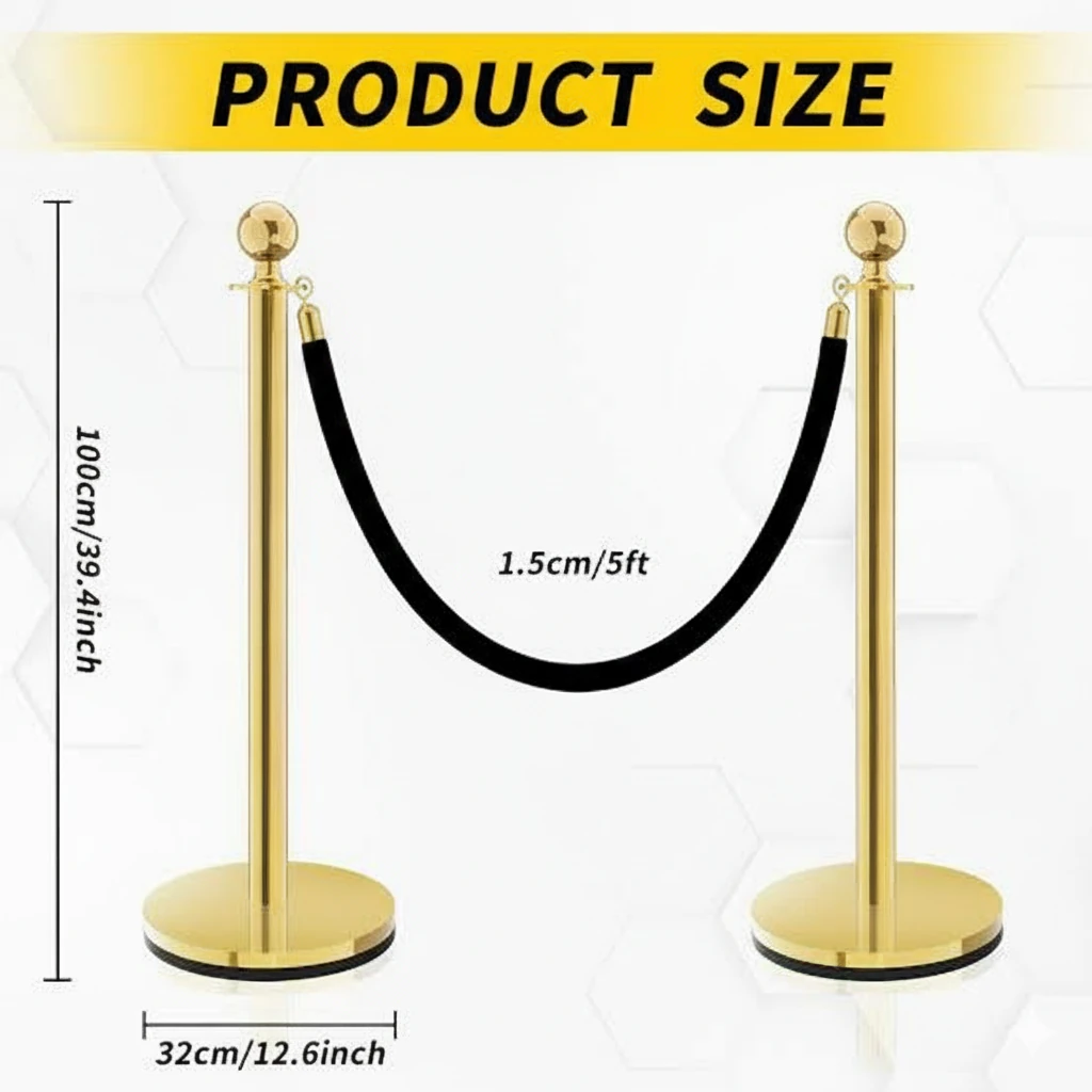 Golden Queue Manager with Top Ball & Black Velvet Rope - (Loose: 2 Poles + 1 Rope ; 1 Carton: 20 Poles + 10 Ropes) | Single pc Box Packing for Poles — view 2