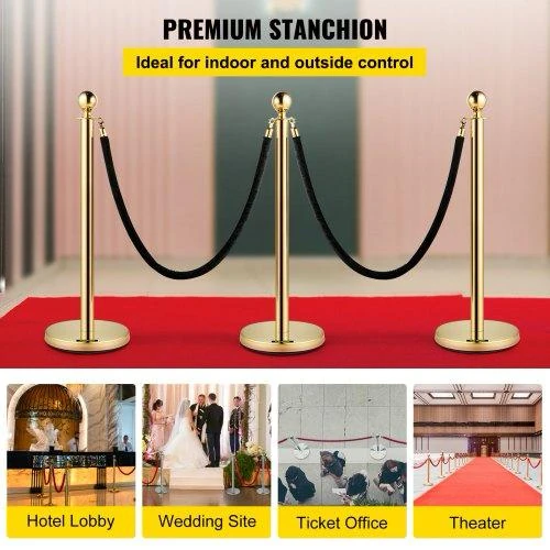 Golden Queue Manager with Top Ball & Black Velvet Rope - (Loose: 2 Poles + 1 Rope ; 1 Carton: 20 Poles + 10 Ropes) | Single pc Box Packing for Poles — view 3