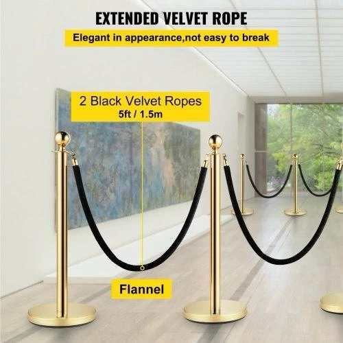Golden Queue Manager with Top Ball & Black Velvet Rope - (Loose: 2 Poles + 1 Rope ; 1 Carton: 20 Poles + 10 Ropes) | Single pc Box Packing for Poles — view 4