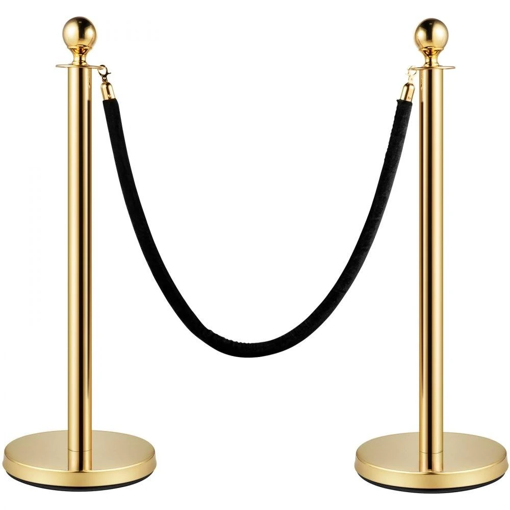 Golden Queue Manager with Top Ball & Black Velvet Rope - (Loose: 2 Poles + 1 Rope ; 1 Carton: 20 Poles + 10 Ropes) | Single pc Box Packing for Poles — Loose