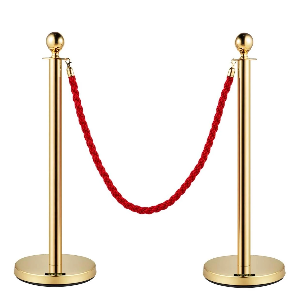 Golden Queue Manager with Top Ball & Red Premium Twisted Rope - (Loose: 2 Poles + 1 Rope ; 1 Carton: 20 Poles + 10 Ropes) | Single pc Box Packing for Poles