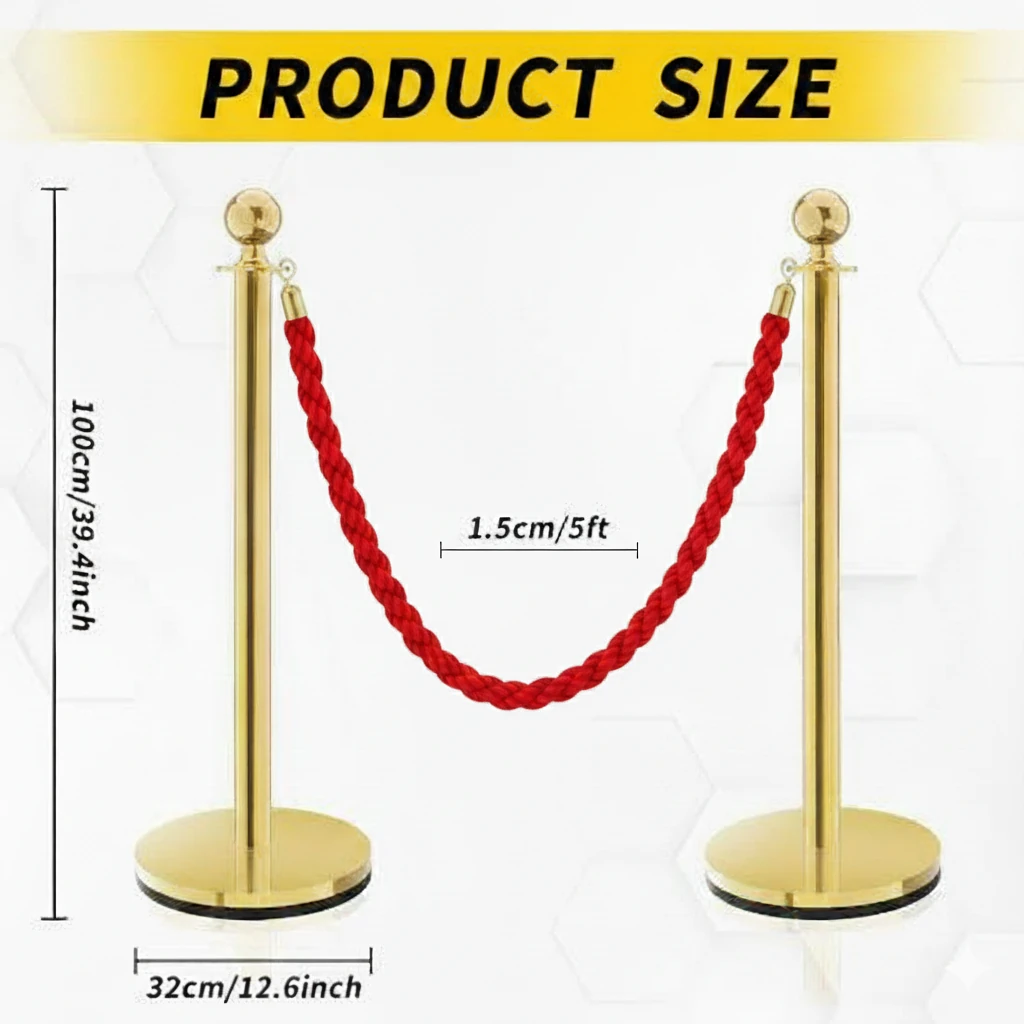 Golden Queue Manager with Top Ball & Red Premium Twisted Rope - (Loose: 2 Poles + 1 Rope ; 1 Carton: 20 Poles + 10 Ropes) | Single pc Box Packing for Poles — view 2