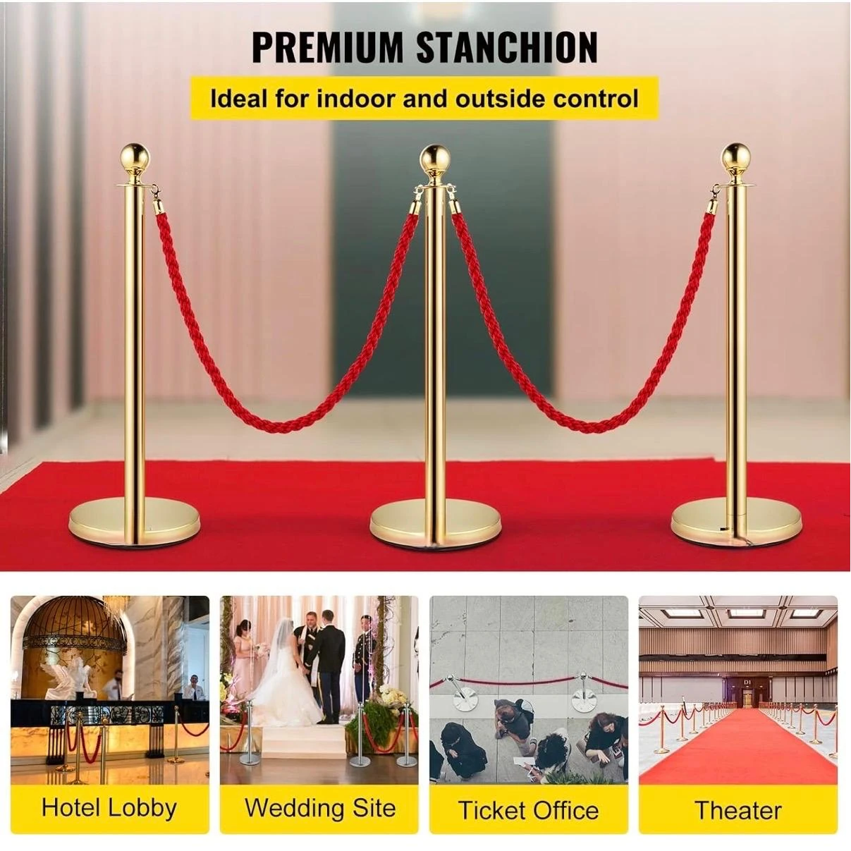 Golden Queue Manager with Top Ball & Red Premium Twisted Rope - (Loose: 2 Poles + 1 Rope ; 1 Carton: 20 Poles + 10 Ropes) | Single pc Box Packing for Poles — view 3
