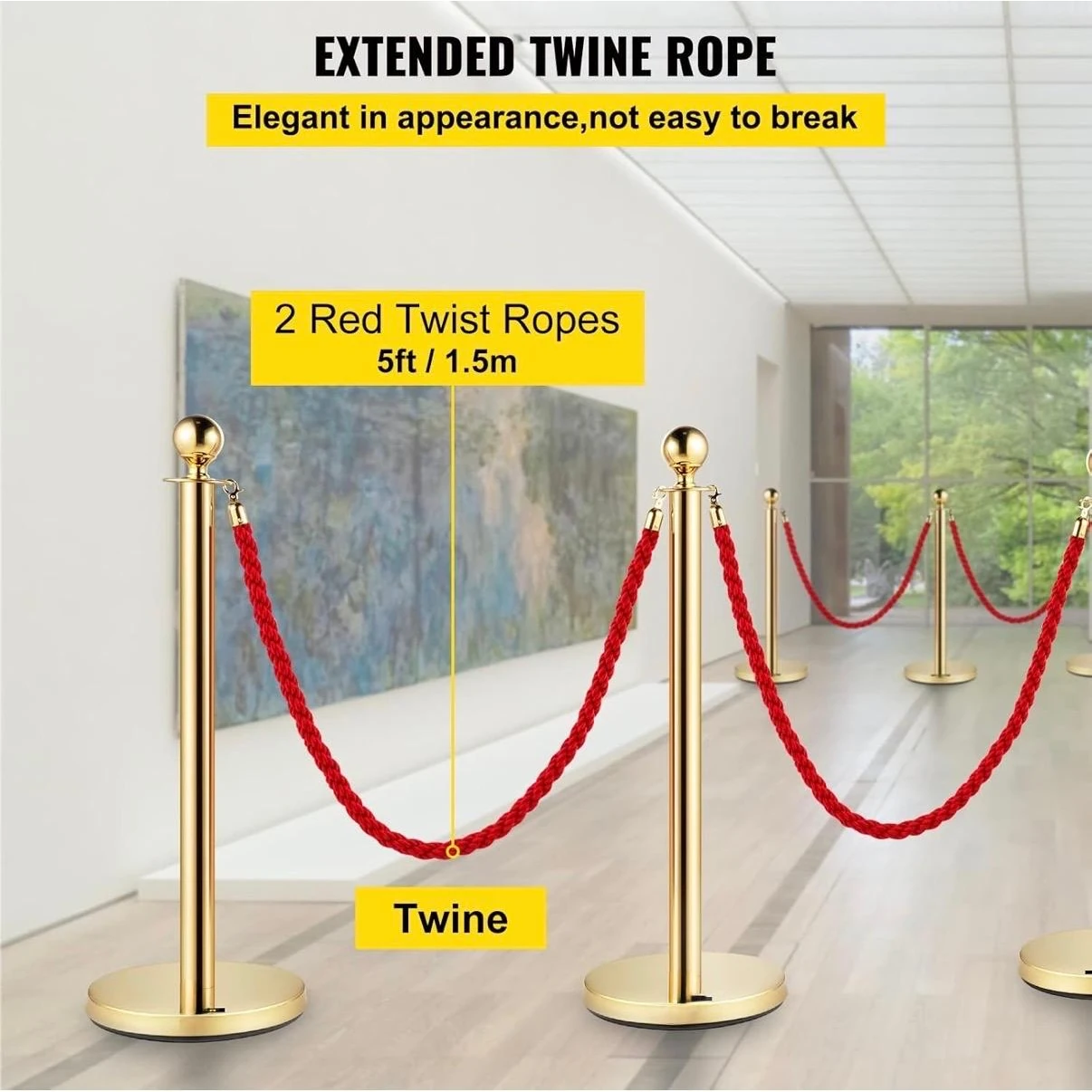 Golden Queue Manager with Top Ball & Red Premium Twisted Rope - (Loose: 2 Poles + 1 Rope ; 1 Carton: 20 Poles + 10 Ropes) | Single pc Box Packing for Poles — view 4