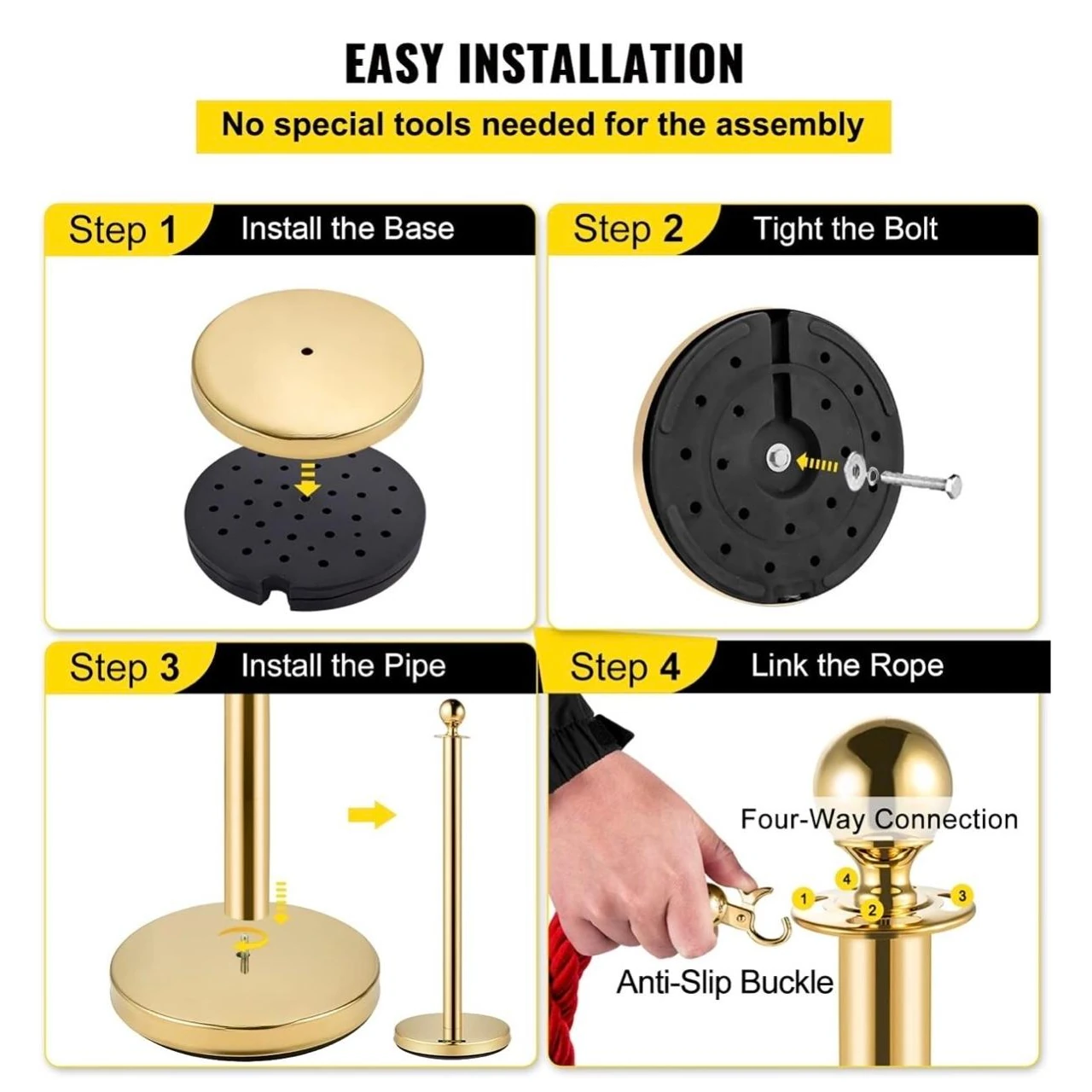 Golden Queue Manager with Top Ball & Red Premium Twisted Rope - (Loose: 2 Poles + 1 Rope ; 1 Carton: 20 Poles + 10 Ropes) | Single pc Box Packing for Poles — view 5