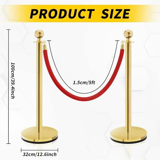 Golden Queue Manager with Top Ball & Red Velvet Rope - (Loose: 2 Poles + 1 Rope ; 1 Carton: 20 Poles + 10 Ropes) | Single pc Box Packing for Poles — view 2