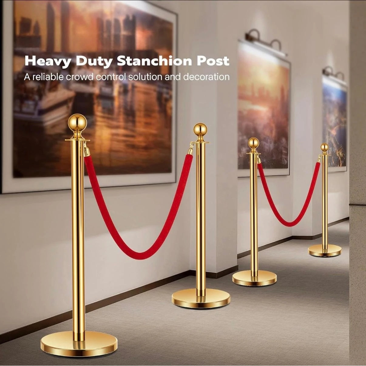 Golden Queue Manager with Top Ball & Red Velvet Rope - (Loose: 2 Poles + 1 Rope ; 1 Carton: 20 Poles + 10 Ropes) | Single pc Box Packing for Poles — view 4