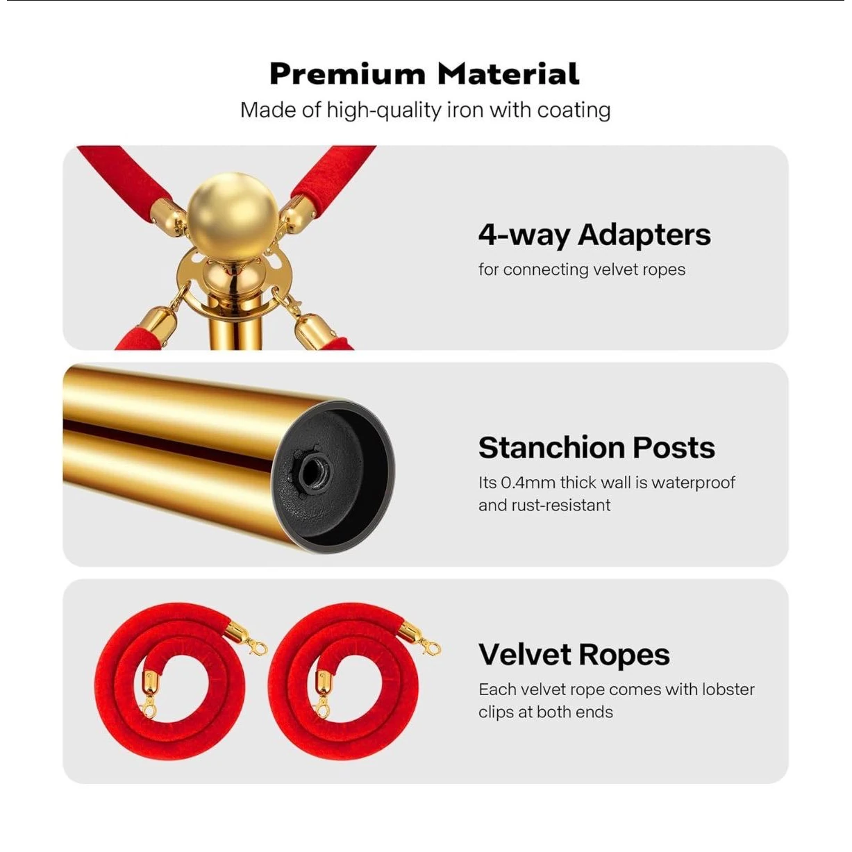 Golden Queue Manager with Top Ball & Red Velvet Rope - (Loose: 2 Poles + 1 Rope ; 1 Carton: 20 Poles + 10 Ropes) | Single pc Box Packing for Poles — view 5