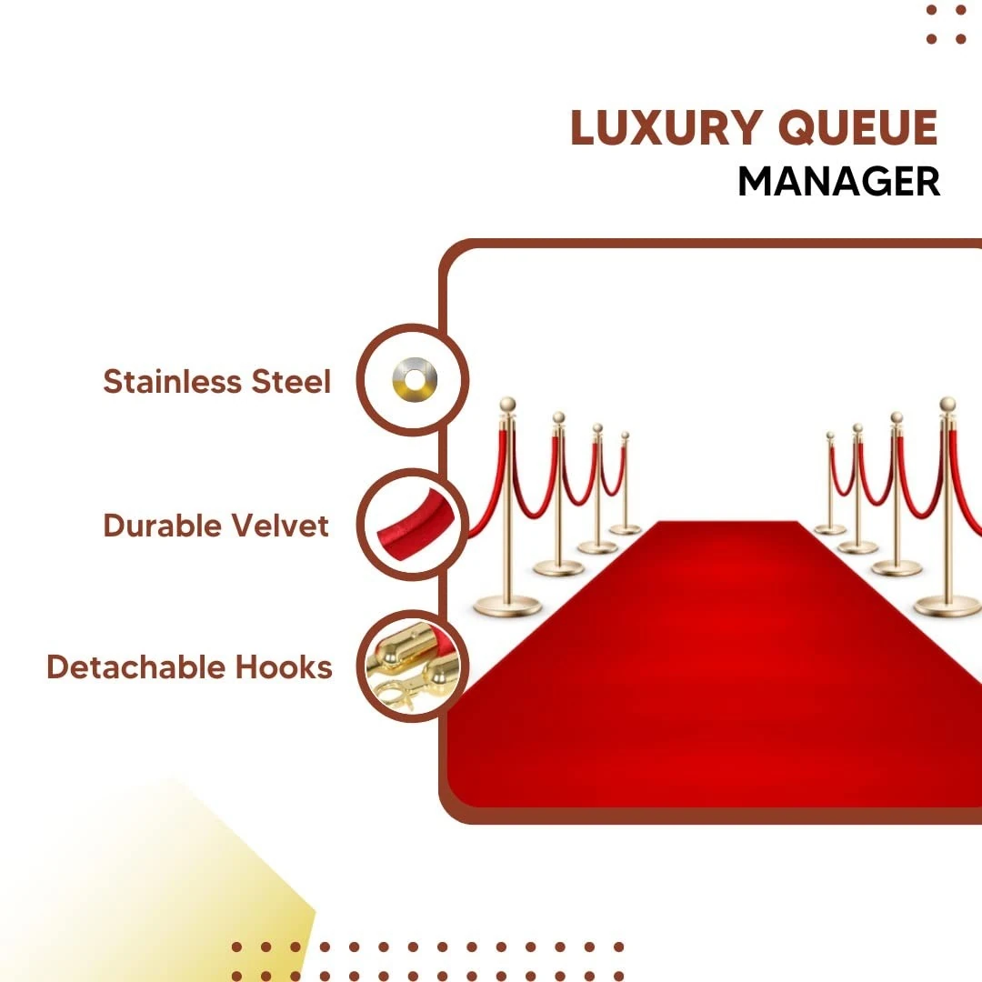 Golden Queue Manager with Top Ball & Red Velvet Rope - (Loose: 2 Poles + 1 Rope ; 1 Carton: 20 Poles + 10 Ropes) | Single pc Box Packing for Poles — view 6