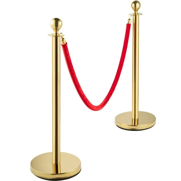 Golden Queue Manager with Top Ball & Red Velvet Rope - (Loose: 2 Poles + 1 Rope ; 1 Carton: 20 Poles + 10 Ropes) | Single pc Box Packing for Poles