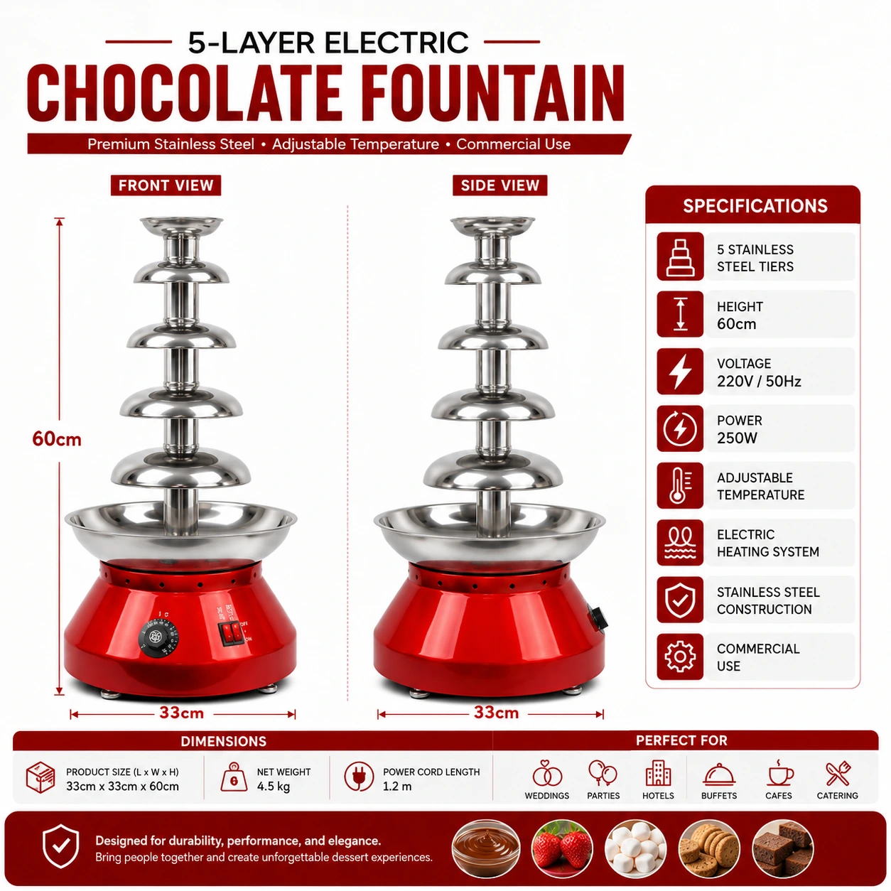 Electric HEAVY SS Choco Fountain - 5 Layers 70cm — view 5