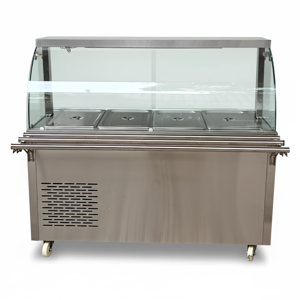 Premium Electric COLD Bain Marie Ready Counters with LED Light - Acrylic Sliding Door | Cold Inner Cabinets with Inbuilt Compressor & Exhauster | 4 Wheels (2 With & 2 Without Brakes) | Wooden Packing for Glass | (GN Pans of 1/1 150mm) — 4 Compartments