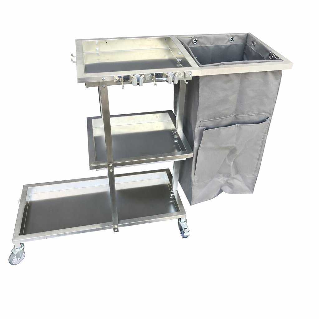 SS Cleaning Cart Trolley - Grey Bag with Pockets + Side Hooks — view 3