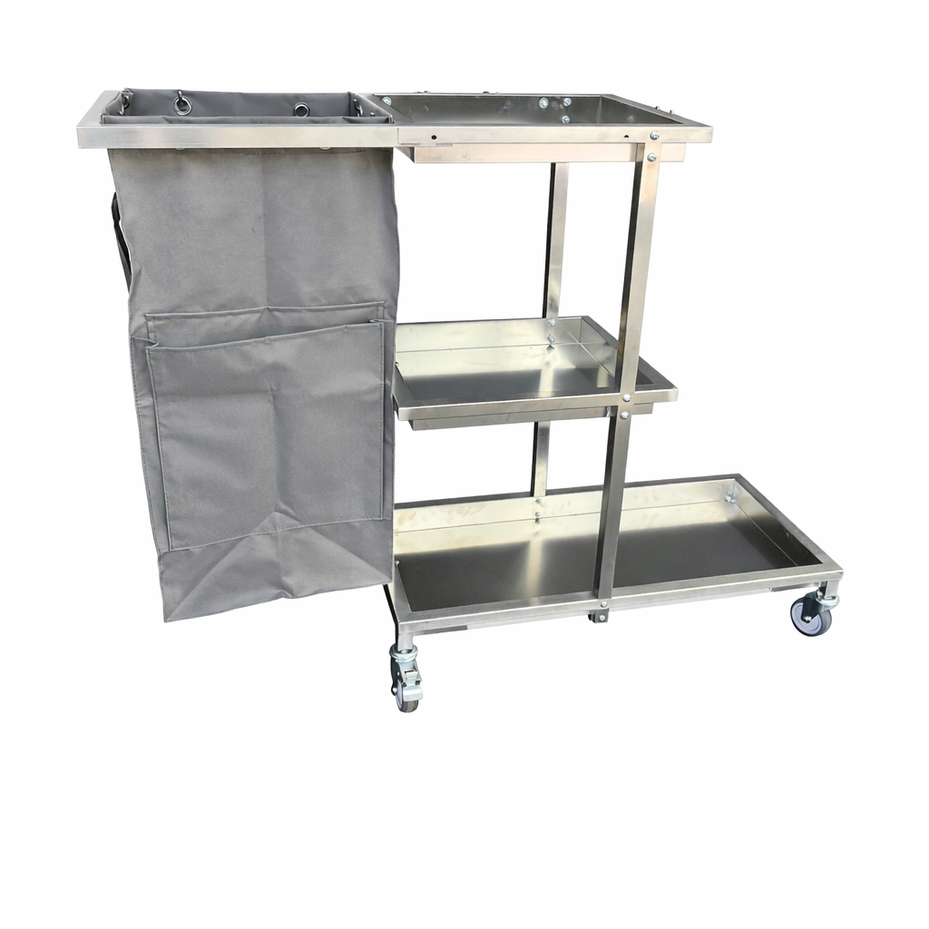 SS Cleaning Cart Trolley - Grey Bag with Pockets + Side Hooks — view 4