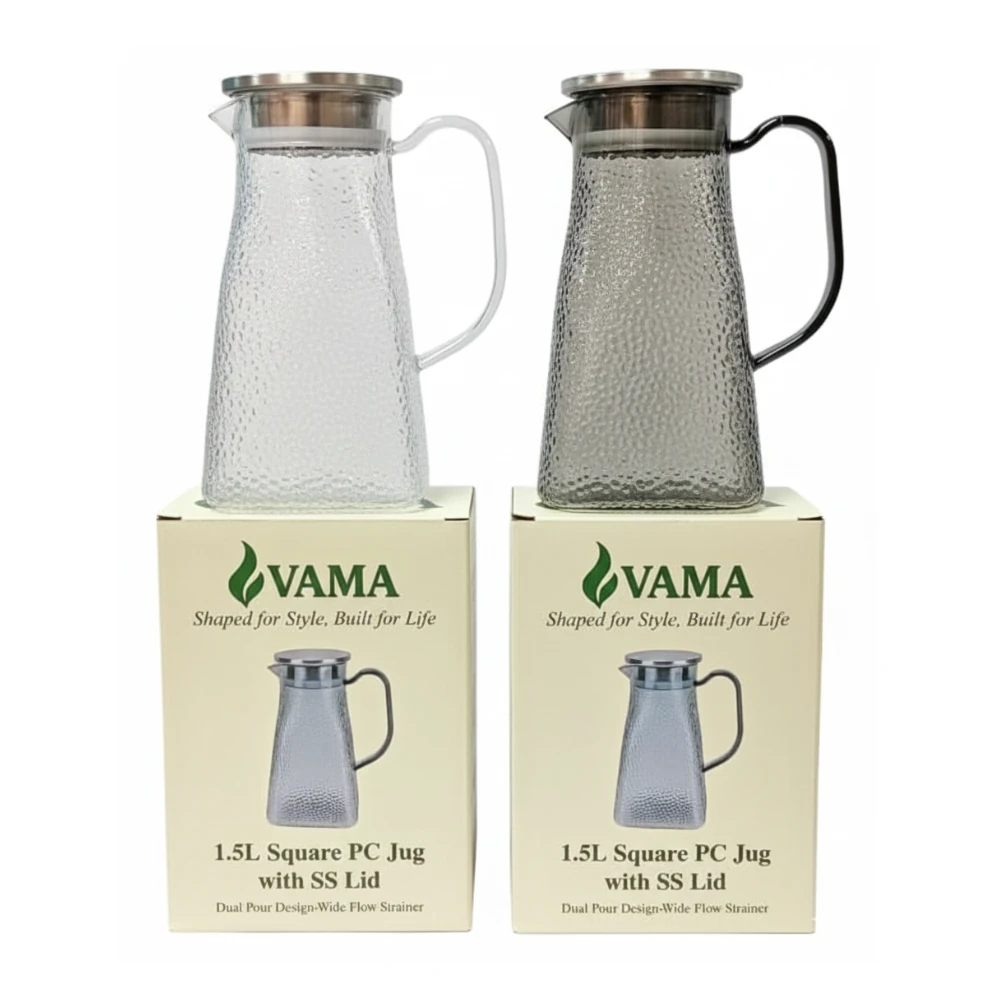 VAMA Square PC Jug with SS Lid - 1500ml | Dual Pour Design (Wide Flow & Strainer) | Single pc Box Packing — view 9
