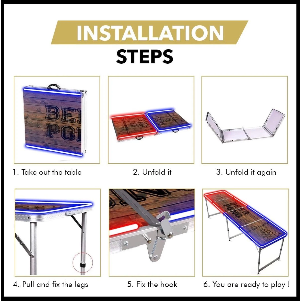Beer Pong Table with LED Lights - Foldable | Portable | Adjustable Height — view 6