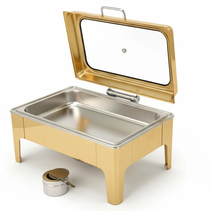 Chafing Dish Rectangle 9L with Gel Based Heating + Transparent Lid + Hydraulic Soft Close (GN Pan of 65mm) — Gold