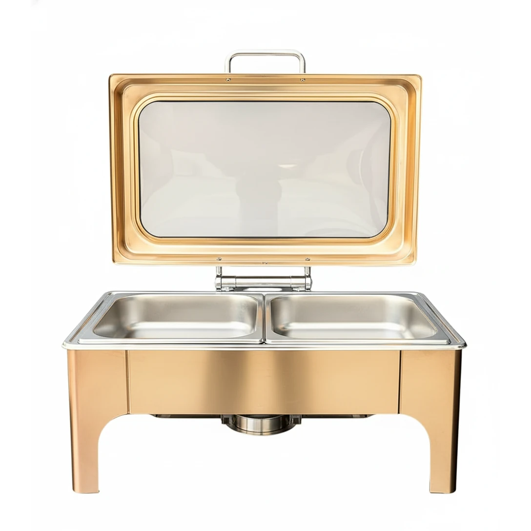 Chafing Dish Rectangle 9L with Gel Based Heating + Transparent Lid + Hydraulic Soft Close (GN Pan of 65mm) — Rose Gold